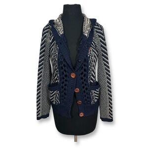HWR Anthropologie Crochet Cardigan Sweater‎ Knit Button Up Blue Cream Women's S